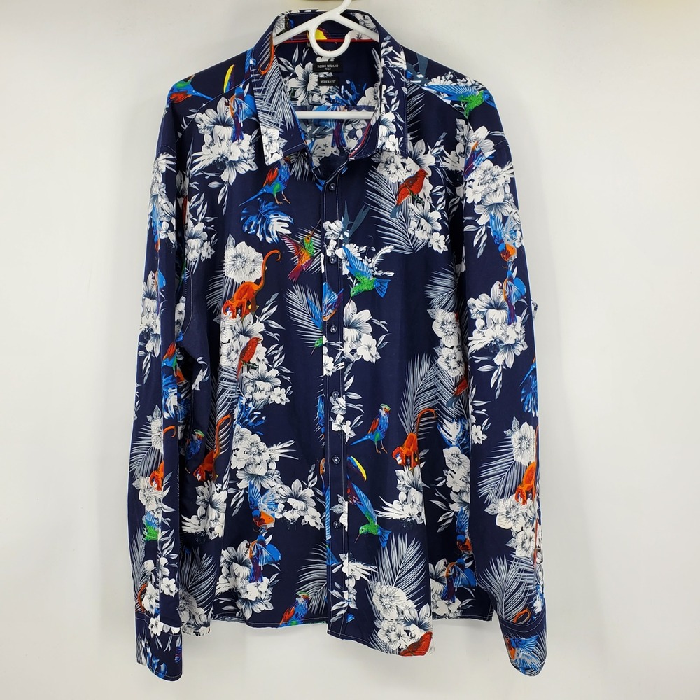 Rosso Milano Italy Mens 3XL Modern Fit Tropical Jungle‎ Monkey Bird Navy Shirt